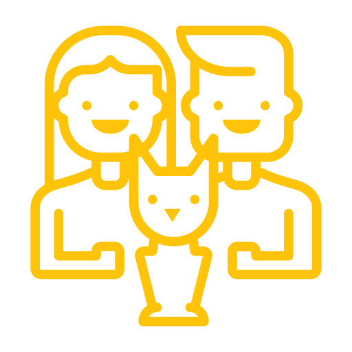 Two smiling people standing together, representing customer support or service