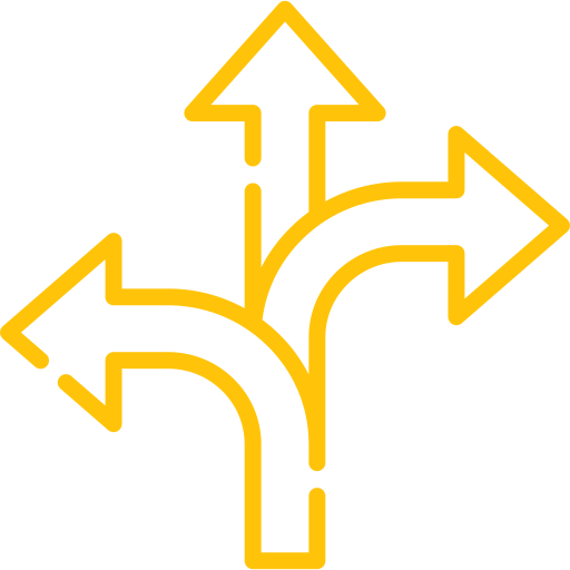 An arrow splitting into multiple directions, illustrating flexibility and adaptability