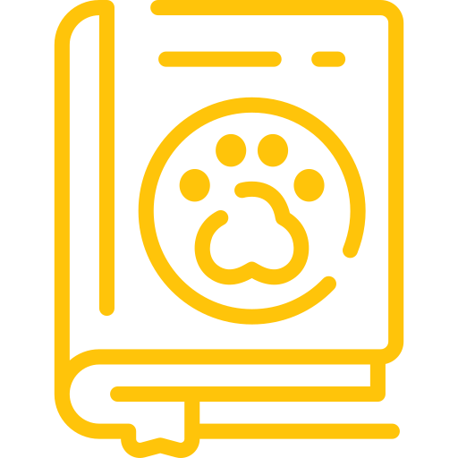 A book with a paw print in the center, representing learning about pets