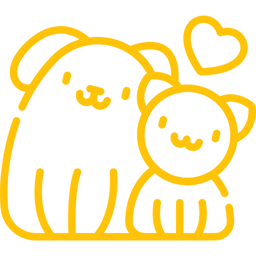 A cute drawing of a large dog with a small heart on its head, sitting next to a smaller smiling pet
